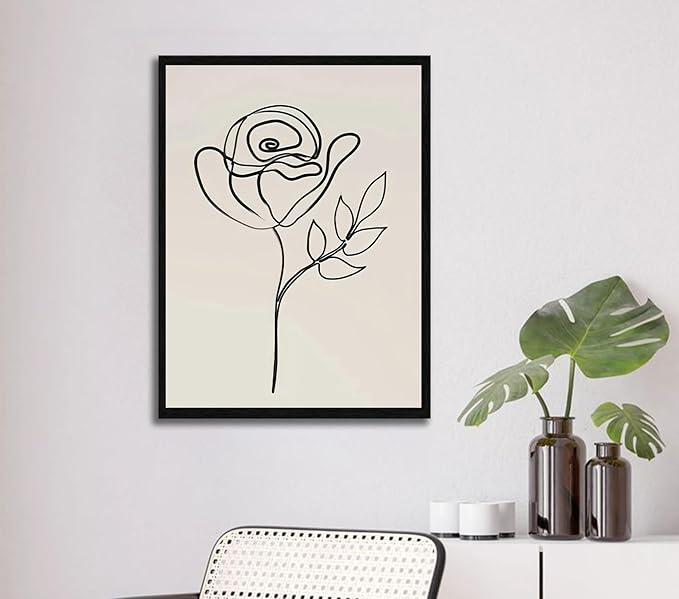 3Pcs Framed Canvas Wall Art Paintings Modern Botanical Prints Abstract Floral Posters Black and White Gallery Wrap Artwork for Living Room Bedroom Bathroom Office 12x16 Inch