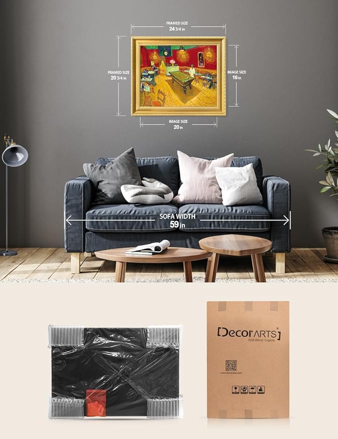 DECORARTS - The Night Cafe in the Place Lamartine by Vincent Van Gogh. Giclee Print on Acid-Free Canvas in Gold Solid Wood Frame. Picture Size: 20x16, Total Size: 24.75x20.75, Made in USA