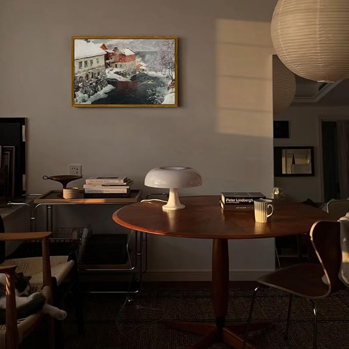 crmotu Framed Canvas Wall Art, Country Winter Scene Vintage Art Prints, Riverside Old Architecture Landscape Painting, Snow Scenery Rustic home Decor Living Room Bedroom, Farmhouse Wall Decor 16x24in