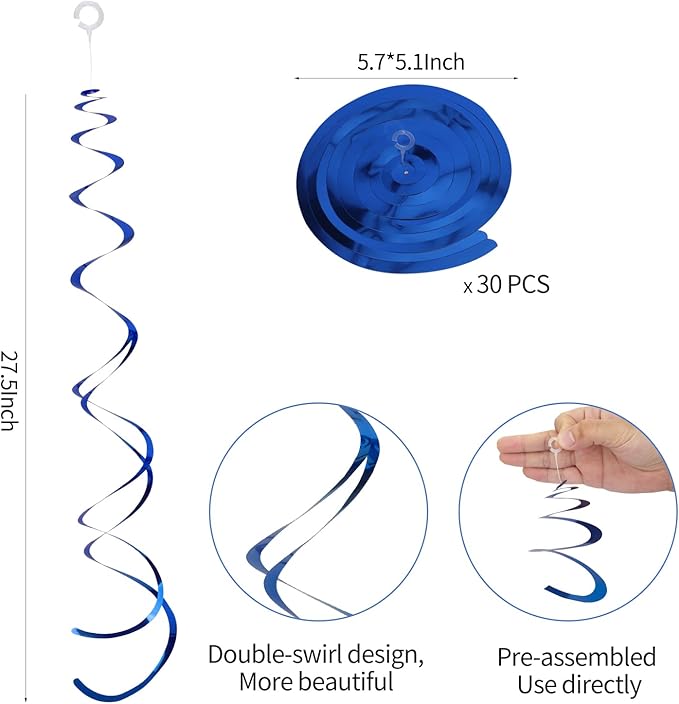 30 Pieces Blue Party Swirl Hanging Decorations, Foil Ceiling Hanging Swirl Decorations, Glitter Streamers Whirl Decorations