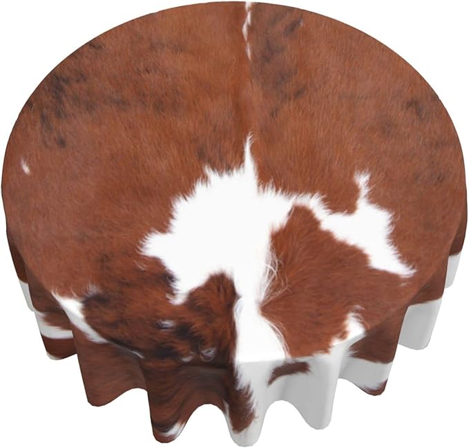 Cow Print Tablecloth Round 60 Inch Vinyl Spring Cowhide Table Cloths for Parties Waterproof Fabric Brown Animal Print Tablecloths Decorative for Holiday Home Party Wedding Picnic