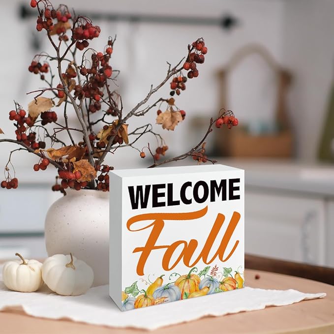 Welcome Fall Wooden Box Sign, Front Door Porch Decor, Desk Decors Art, Decorative Wooden Table Signs, Rustic Farmhouse Home Decor, Autumn Decoration Gift, Fall Wood Signs A3
