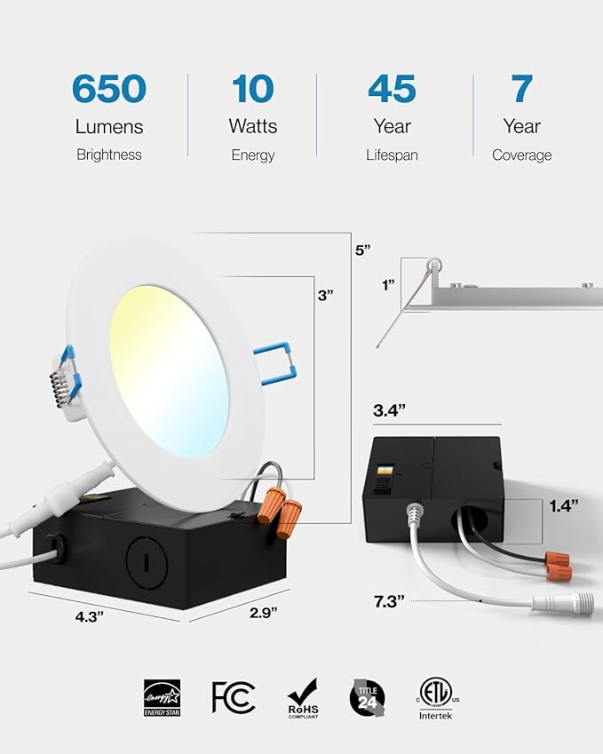 Sunco 6 Pack 4 Inch LED Recessed Lights, Canless Ceiling Light Slim, 650 LM, 10W, Selectable CCT 2700K/3000K/4000K/5000K/6000K, Dimmable, Wafer Thin, with Junction Box ETL