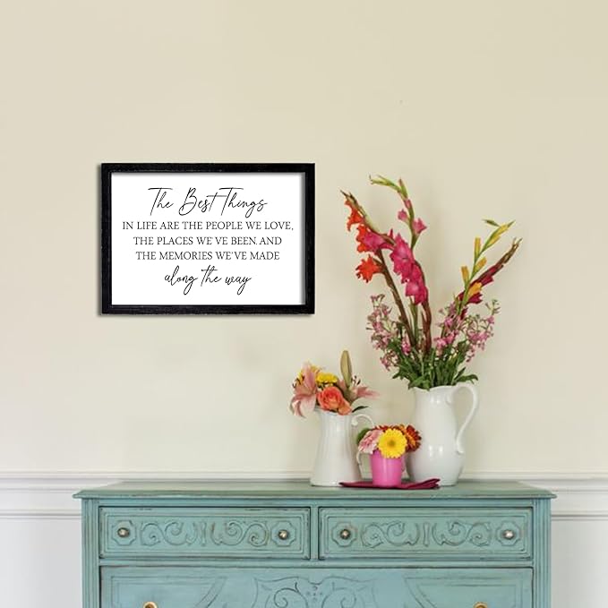 Comurdyo The Best Things in Life Sign 15.7''×11'' Framed Wood Memories Inspirational Quotes Wall Decor Vintage Farmhouse Wedding Gifts Sign Wall Art for family Home Bedroom (Black White)
