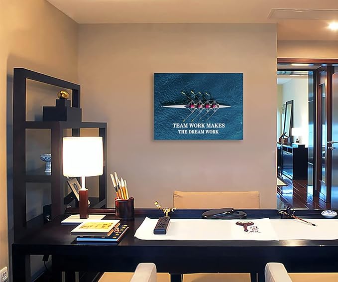 Teamwork Canvas Wall Art Motivational Poster Blue Ocean Rowing Team Picture Positive Success Entrepreneur Quote Office Classroom Bedroom Frame Artwork Ready to Hang[30″W X 40′'H]