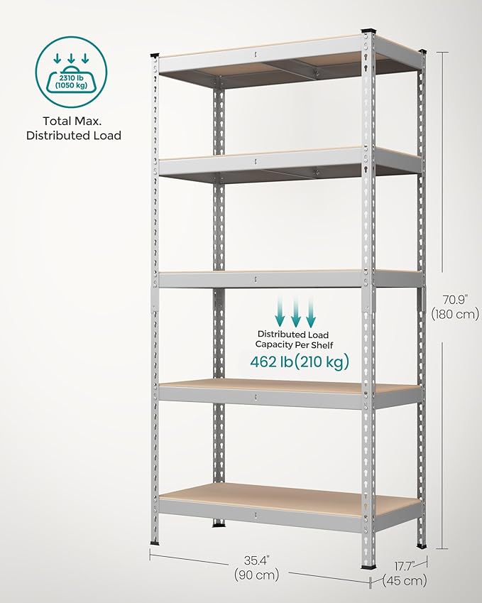 SONGMICS 5-Tier Storage Shelves, Load 2310 lb, Garage Storage, Boltless Assembly, Adjustable Shelving Unit, 17.7 x 35.4 x 70.9 Inches, for Study Shed Basement, Silver and Natural Beige UGLR450E01