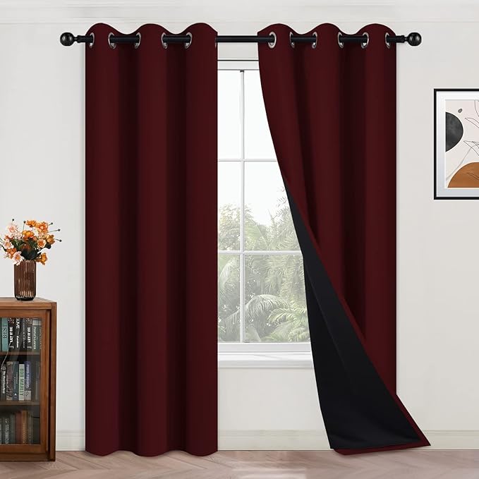 Yakamok 84 Inch Long 100% Blackout Curtains for Bedroom, 2 Thick Layers Thermal Insulated Grommet Total Blackout Drapes with Black Liner for Living Room(42Wx84L,Burgundy Red, 2 Panels)