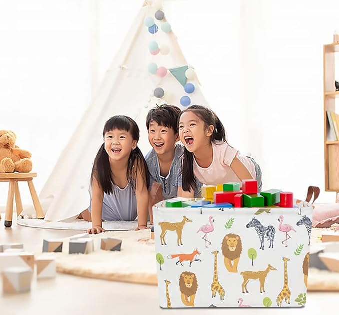 CLOCOR Rectangular Storage Basket,Collapsible Woodland Jungle Forest Printed Storage Bin,Rectangular Waterproof Gift Box with Handles,Playroom Decor(Jungle Animals)