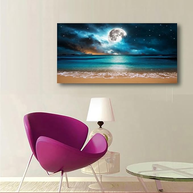 Beach Themed Wall Art Canvas Prints Seascape Picture Bathroom Décor Moon Ocean Landscape Paintings for Bedroom Dining Room Office Home Kitchen Decoration Natural Artwork 28x57 Wooden Frames