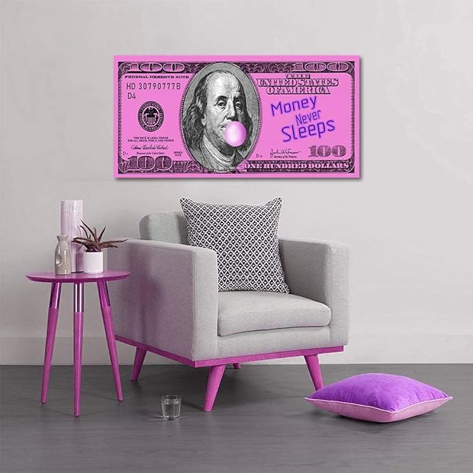 Yatsen Bridge Money Never Sleeps Wall Art Inspiraional Pink Dollar Money Artwork Pop Art Wooden Framed Ready to Hang-32 inch x 16 inch