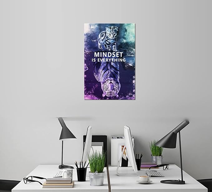 Mindset is Everything Cat and Tiger Canvas Wall Art Pictures Print Wall Art Inspirational Poster Picture Wall Painting Modern Abstract Motivational Artwork Decor Home Living Room Office[12''W X 18''H]