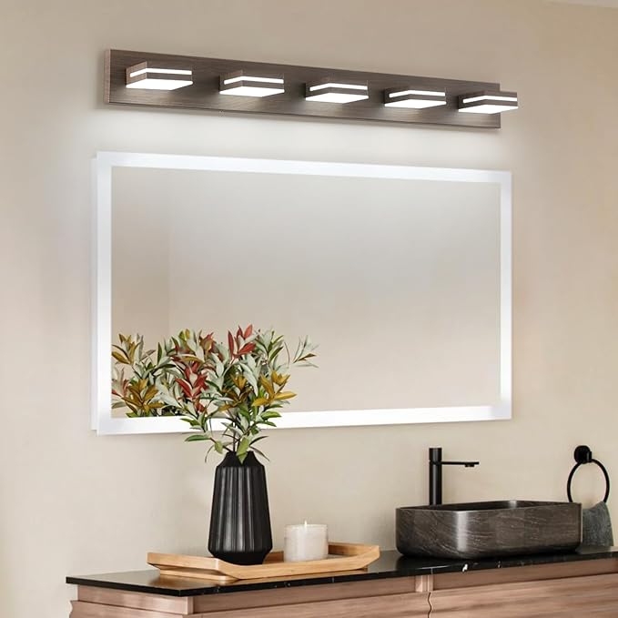 SineRise LED Modern Bathroom Vanity Light Fixtures (5-Light, 40-Inch), Brown Wood Painted Modern Acrylic Bathroom Wall Lighting Fixtures Over Mirror (Cool White 6000K)
