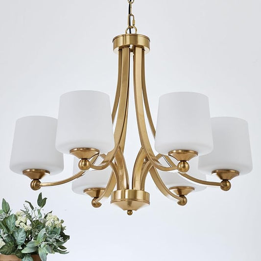 Modern 6-Light Brass Chandelier 25.59in Frosted Glass Chandeliers Metal Mid-Century Gold Pendant Light Fixtures for Living Room Dining Room Bedroom Foyer Stairway