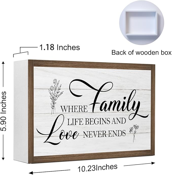 Family Where Life Begin Love Never Ends Wooden Box Sign,10.3 * 6 Inches,Rustic Family Saying Wooden Block Sign for Home Farmhouse Living Room Bedroom Shelf Desk Tabletop Wall Decor