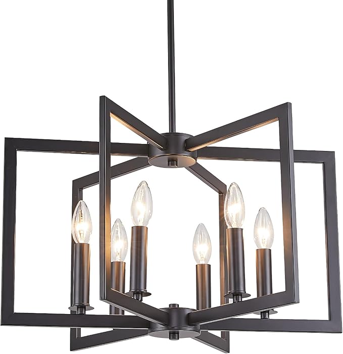 Dining Room Light Fixture, Modern Black Chandelier Farmhouse Metal Pendant Light for Foyer Enteyway Living Room Kitchen Island, 6 Wrought Iron Lights E12 Bulbs, Height Adjustable, 21.2 inch