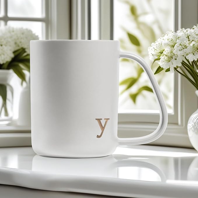 COLLECTIVE HOME - Ergonomic Handle Ceramic Mug, 15 oz Personalized Coffee Cup with Golden Initial, Microwave & Dishwasher Safe, Elegant Monogram Tea Mug in Gift Box for Home & Office (White-y)