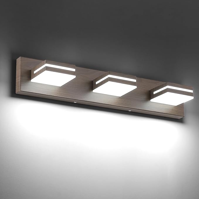SineRise LED Modern Bathroom Vanity Light Fixtures (3-Light, 24-Inch, Dimmable), Brown Wood Painted Modern Acrylic Bathroom Wall Lighting Fixtures Over Mirror (Cool White 6000K)