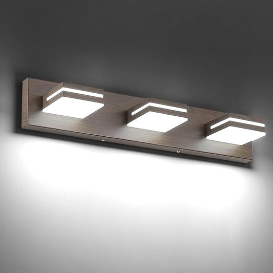 SineRise LED Modern Bathroom Vanity Light Fixtures (3-Light, 24-Inch, Dimmable), Brown Wood Painted Modern Acrylic Bathroom Wall Lighting Fixtures Over Mirror (Cool White 6000K)