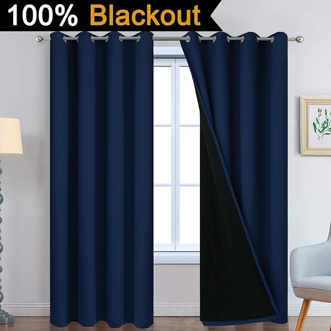Yakamok Navy Blue 100% Blackout Curtains Energy Saving Thermal Insulated 2 Thick Layers Completely Blackout Drapes with Black Liner for Bedroom (52Wx90L, Navy Blue, 2 Panels)
