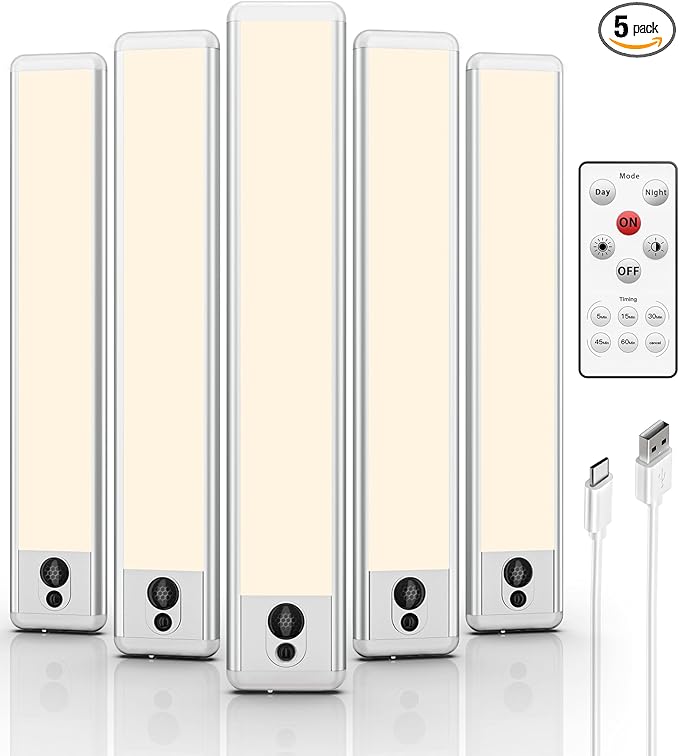 EZVALO 5 Pack Under Cabinet Lighting, Rechargeable Motion Sensor Light, LED Closet Lights Wireless, 3500K Dimmable, Timer, Magnetic, with Remote Control for Kitchen, Closet, Stair