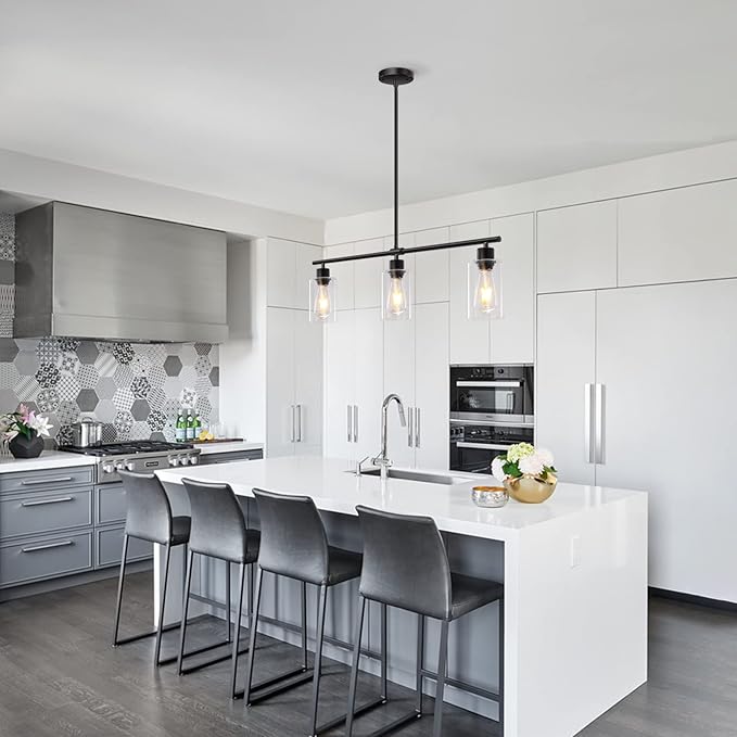 Kitchen Island Lighting, 3 Lights Linear Chandeliers Rectangle Pendant Light Fixtures for Dining Room Farmhouse Hanging Light with Glass Shades(Black)