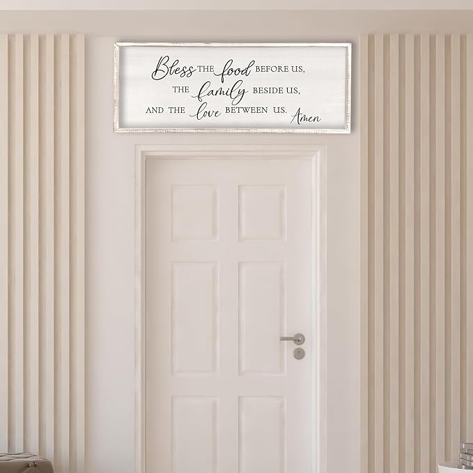 Surfapans Bless the Food Before Us Wall Decor, 40"X15" Farmhouse Dining Room Family Kitchen Sign, Christian Bible Verse Scripture Vintage Home Framed Wood Wall Art (White)