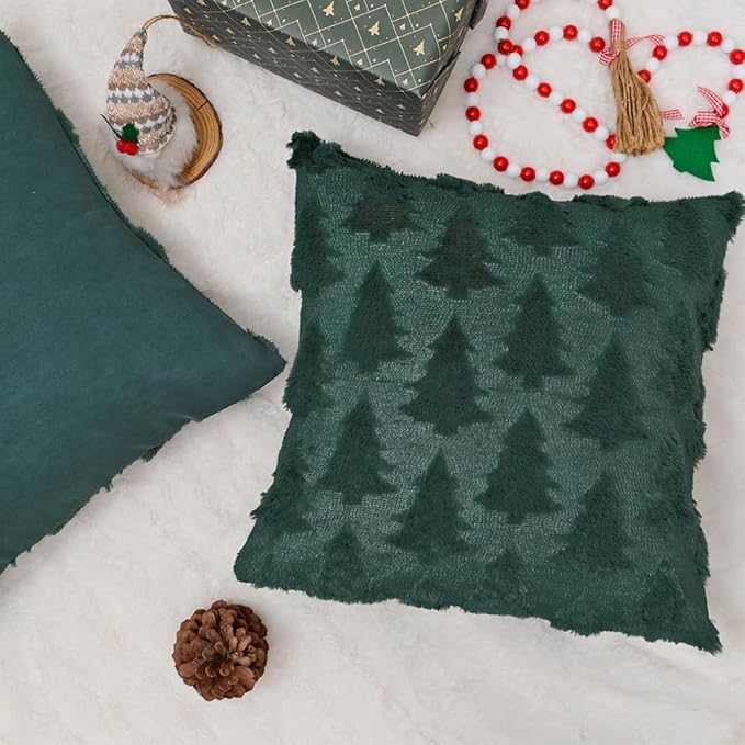 GEEORY Christmas Tree Throw Pillow Covers 20x20 Inch Set of 2, Xmas Winter Soft Plush Faux Fur Wool Decorative Farmhouse Holiday Cushion Case for Home Decoration (Green) GC003-20