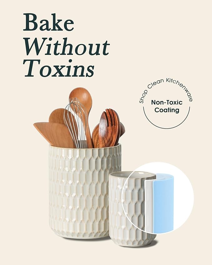 Utensil Holder, 7.3"+5.4" Ceramic Kitchen Utensil Holder for Countertop, Large Cooking Utensil Crock for Kitchen Counter, Set of 2, Beige