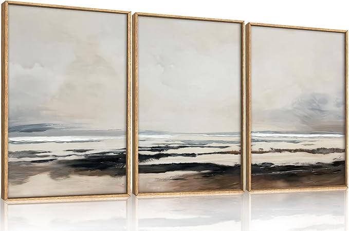 HOURIA Large Neutral Abstract Gray Framed Wall Art Set,Minimalist Modern Beige Brown Landscape Wall Decor,Wilderness Filed Artwork,Watercolor Misty Lake Print for Living Room,Bedroom,Office- 16"x24"x3