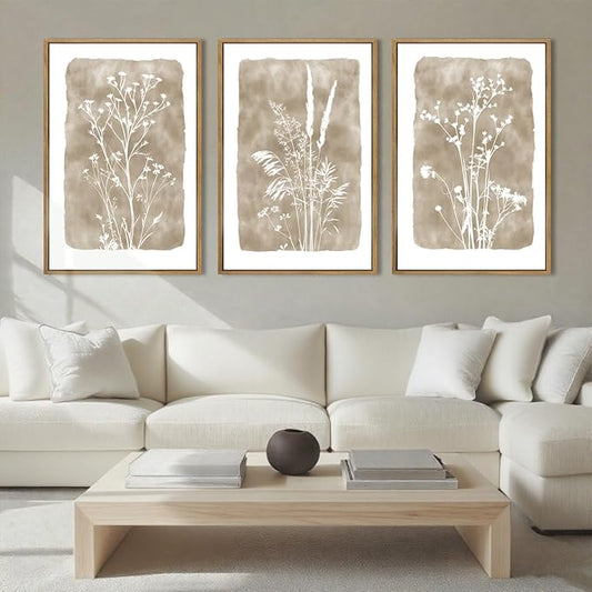 ANHUIB Beige Artwork 16x24 Inch Framed Beige Floral Wall Art Large Neutral Wildflower Wall Decor Vintage Plant Art Prints Set of 3 for Living Room Bedroom Office