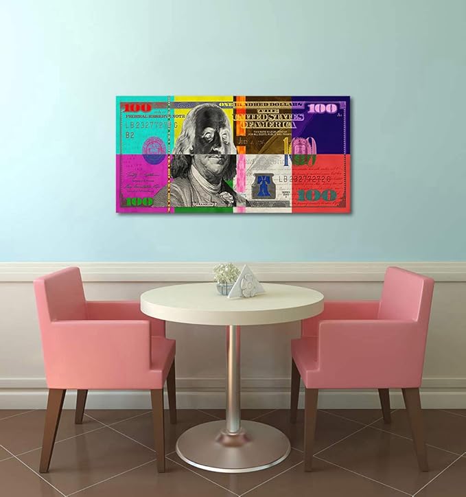 Yatsen Bridge Vivid Colorful 100 USD Artwork Abstract Creative Benjamin Franklin 100 Dollar Bill Color Blocks Canvas Paintings Wall Art HD Print Modern Home Office Decor Gallery Wrapped Easy to Hang