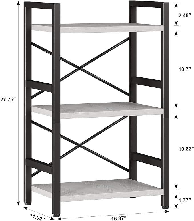 Homeiju Bookshelf, 3 Tier Industrial Bookcase, Metal Small Bookcase, Rustic Etagere Book Shelf Storage Organizer for Living Room, Bedroom, and Home Office(White) Patent Pending D29873033