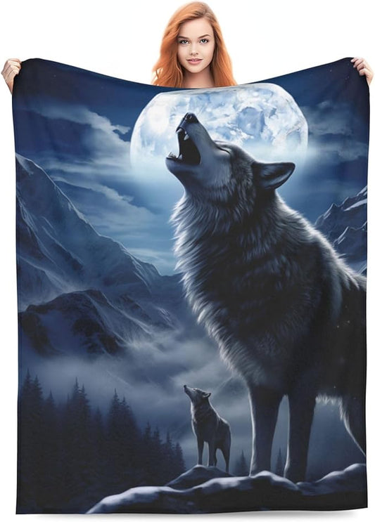 Snowy Mountain Wolf Blanket Gifts Moonlit Night Wolves Flannel Throw Blankets for Home Decor Couch Bed Sofa Soft Fuzzy Lightweight for All Season 80x60 Inches