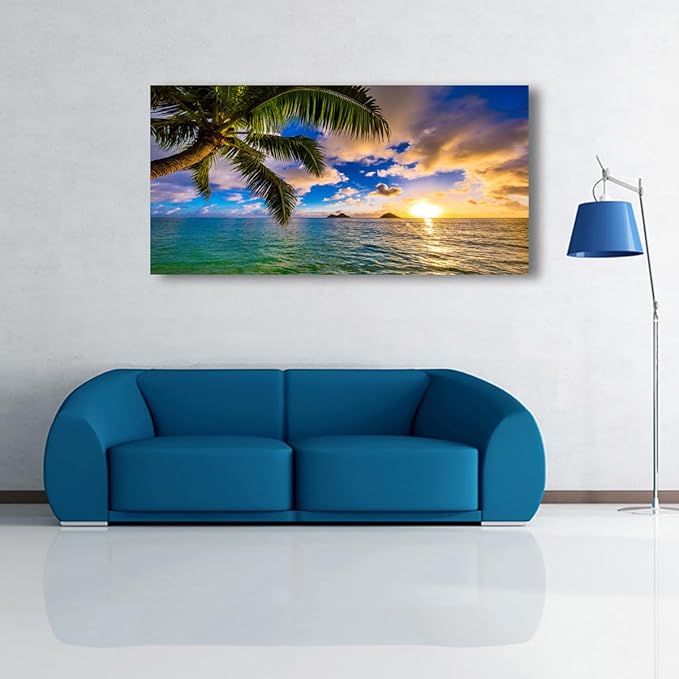 Seascape Sunset Pictures Canvas Wall Art For Living Room Bedroom Wall Decor,Palm Wall Art Print Paitnings For Home Decor,Morden Artwork Coconut Tree Canvas Art Waterproof Ready To Hang-24x48 Inches