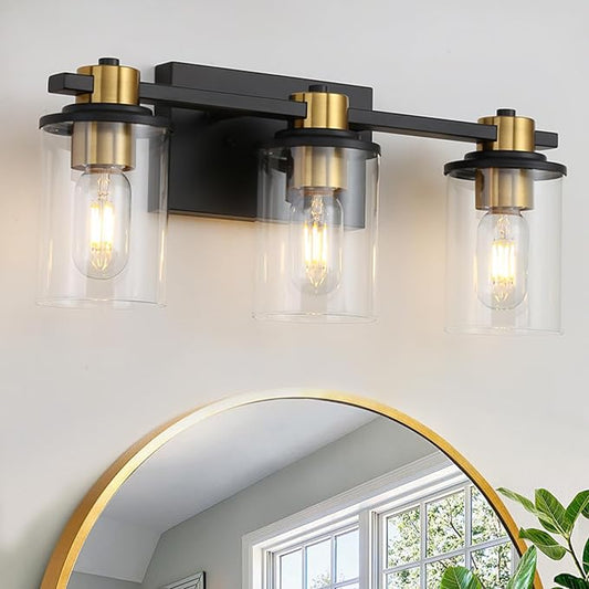 LOUSACE Bathroom Lighting Fixtures Black and Gold 3 Light Bathroom Vanity Light Over Mirror with Clear Glass Shades, Brushed Gold Socket Wall Vanity Lighting Fixtures for Bedroom Living Room