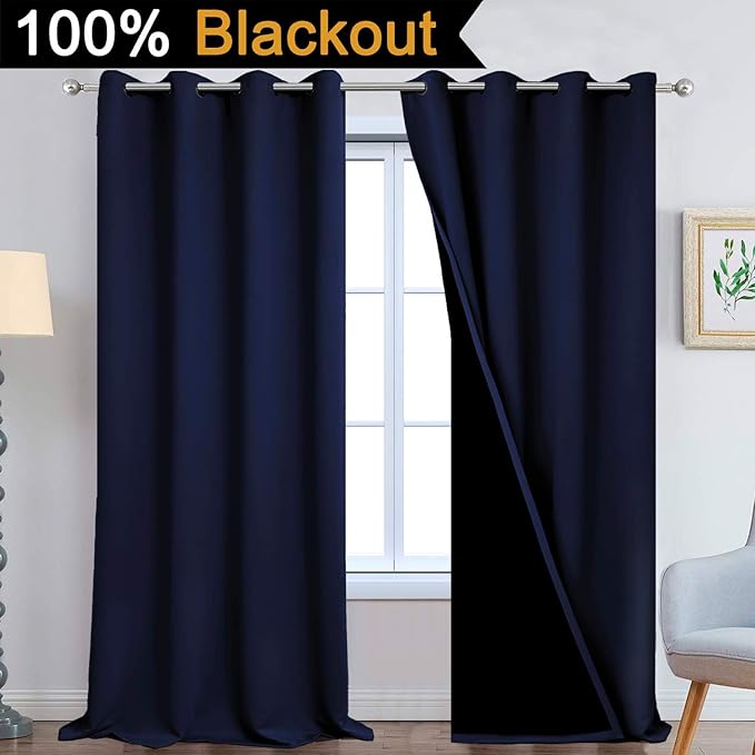 Yakamok 100% Blackout Curtains Energy Saving Thermal Insulated 2 Thick Layers Completely Blackout Drapes with Black Liner for Bedroom (52Wx108L, Navy Blue, 2 Panels)
