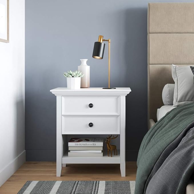 SIMPLIHOME Amherst SOLID WOOD 24 inch Wide Transitional Bedside Nightstand Table in White, for the Living Room and Bedroom