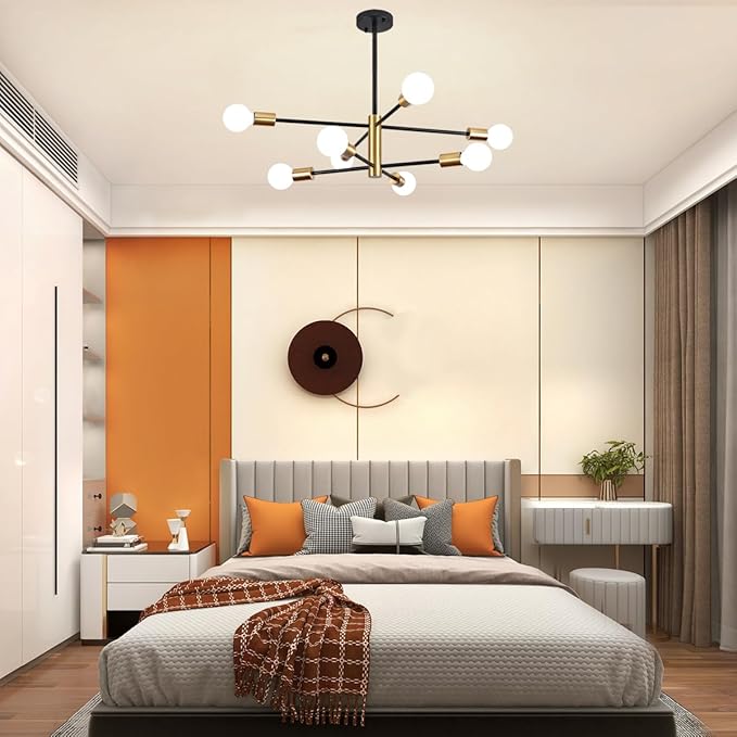 8-Light Modern Chandelier Sputnik Light, Entryway Chandelier Dining Room Lights Over Table, Black and Gold Foyer Lighting Chandeliers for Bedroom Living Room Light