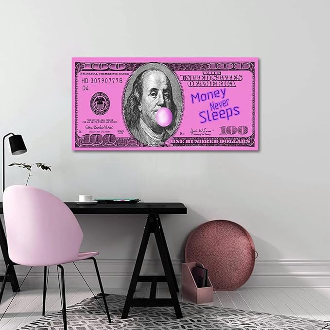 Pink Inspirational Office Canvas Art Benjamin Franklin 100 USD Dollar with Positive Quote Money Never Sleeps Creative Money Artwork Gift Choice for Men Workplace Gym Decor Framed Easy to Put-40 inch x 20 inch
