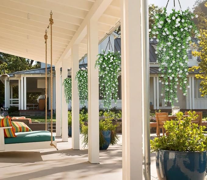 SJL 4pcs Fake Hanging Plants Realistic Artificial Outdoor Flowers Hanging Greenery Artificial Ivy Vine Leaves Faux Green Plastic Plants Greenery Flowers Green Leaf Decor for Wall Home (White)