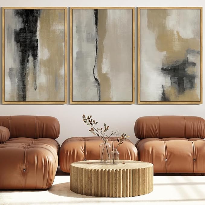 KUVIOKE Black Gray Abstract Framed Wall Art Minimalist Modern Neutral Wall Art Decor for Living Room Hallway Bedroom Ready to Hang 24x36in (Natural Framed)