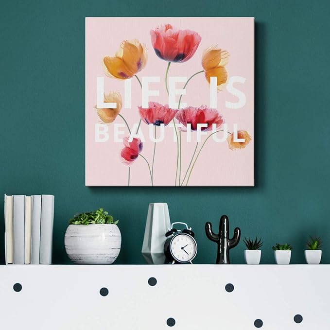 Wexford Home Square Premium Gallery Wrapped Canvas Flower Multicolor Wall Art Abstract Floral Romance Modern Pictures Print for Home Office, Ready to Hang, life is beautiful, 10x10