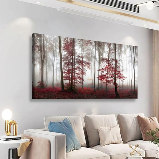 Misty Forest Pictures Canvas Wall Art for Living room Office Bedroom Wall Decor,Forest Wall Art Print Paintings Modern Nature Red Tree Artwork Waterproof Ready to Hang-28x57 inch