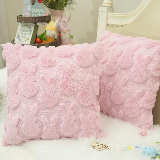 GEEORY Easter Bunny Soft Plush Pillow Covers, 18 x 18 Inch Set of 2, Fluffy Faux Fur Wool Decorative Farmhouse Cushion Case for Sofa Home Decoration Pink GC015-18