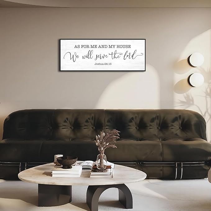 As for Me and My House We Will Serve the Lord Wall Decor: 32x12 Inch Framed Christian Bible Verse Sign Canvas Print Joshua 24:15 Scripture Art for Family Living Room Dining Room