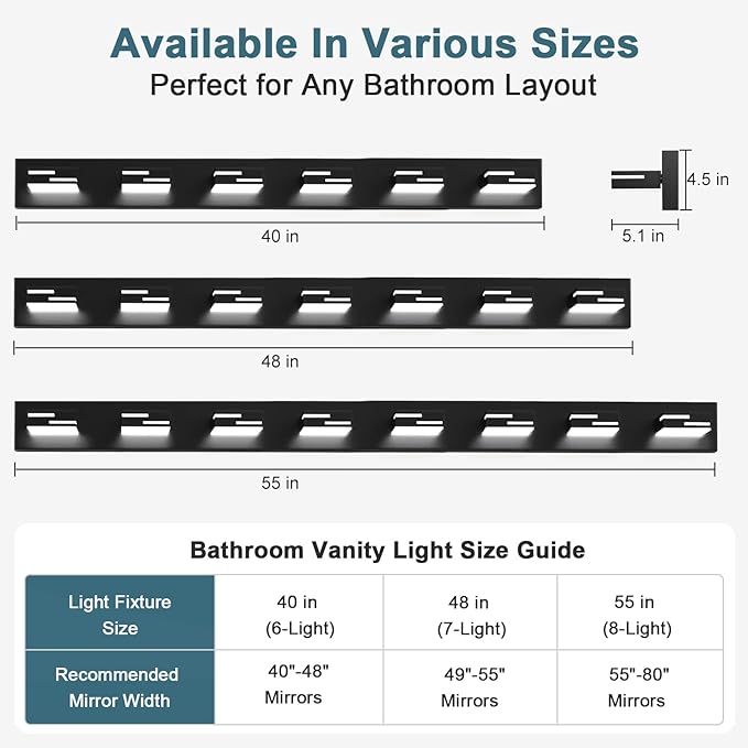 LED Modern Bathroom Vanity Light Fixtures, 6-Light 40-inch Dimmable Matte Black Vanity Lights for Bathroom Lighting Fixtures Over Mirror, with 350° Rotatable Acrylic Heads (Cool White 6000K)