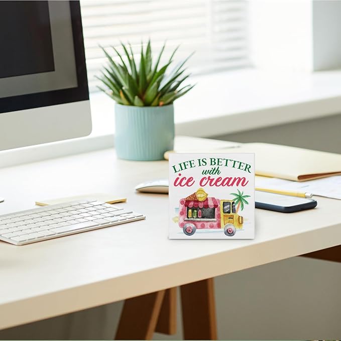 Summer Decor - Ice Cream Truck Decorations Summer Popsicle Wooden Sign Home Shelf Desk Decor 5 X 5 Inches