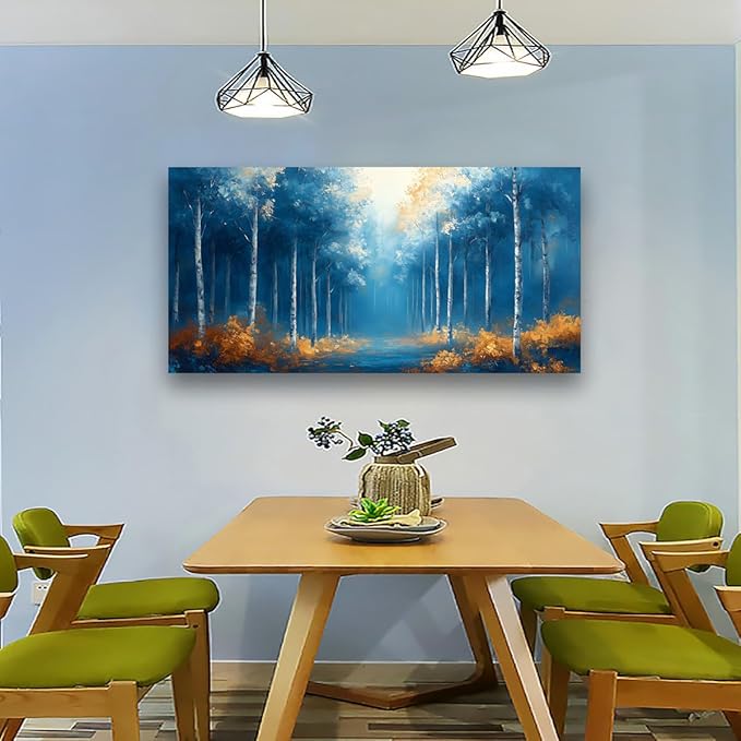 Blue Forest Pictures Canvas Wall Art for Living Room Bedroom Wall Decor,Forest Wall Art Print Paitnings for home Decor,Morden Abstract Fog Artwork Art Waterproof Stretched Ready to Hang-20x40inches