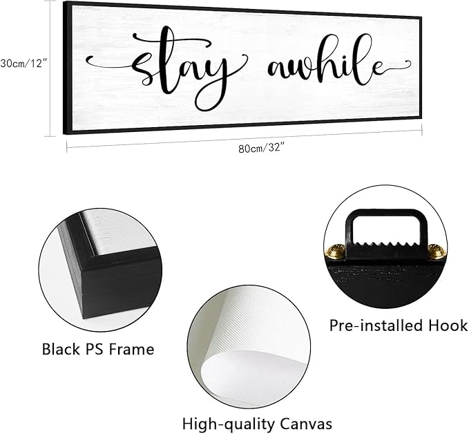 Stay Awhile Sign Wall Decor: 32''×12'' Farmhouse Wall Art Rustic Canvas Print Wall Signs, Large Black Framed Hanging Plaque Home Decor for Kitchen Dining Room Living Room Hallway Entryway