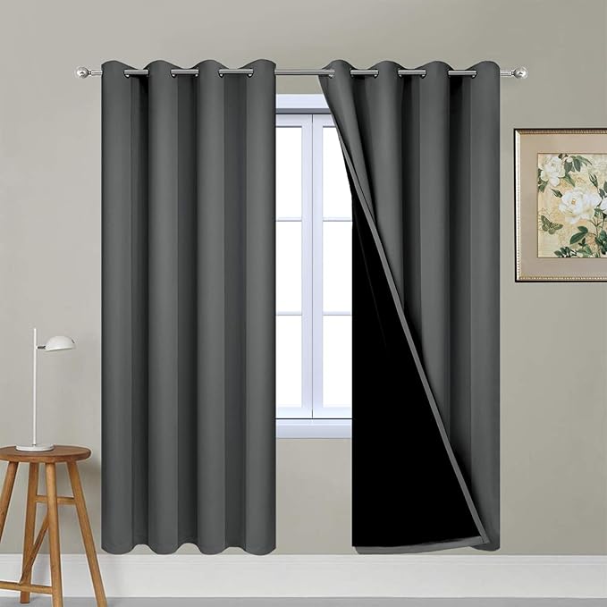Yakamok 63 Inches Long Dark Gray 100% Blackout Curtains, Noise Reducing Window Drapes,Room Darkening Curtain Panels with Black Liners for Bedroom(Dark Grey, 2 Panels, 52W x 63L)